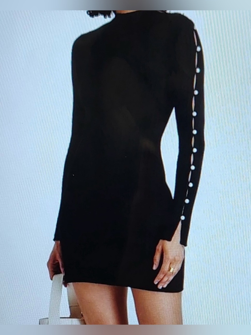 Black Long-Sleeve Mini Dress with Pearl Button Detail